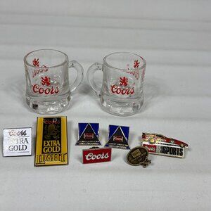 Lot of 7 VTG Coors Beer Metal/Enamel Pinback Lapel Pin & 2 Mini-Mug Shot Glasses